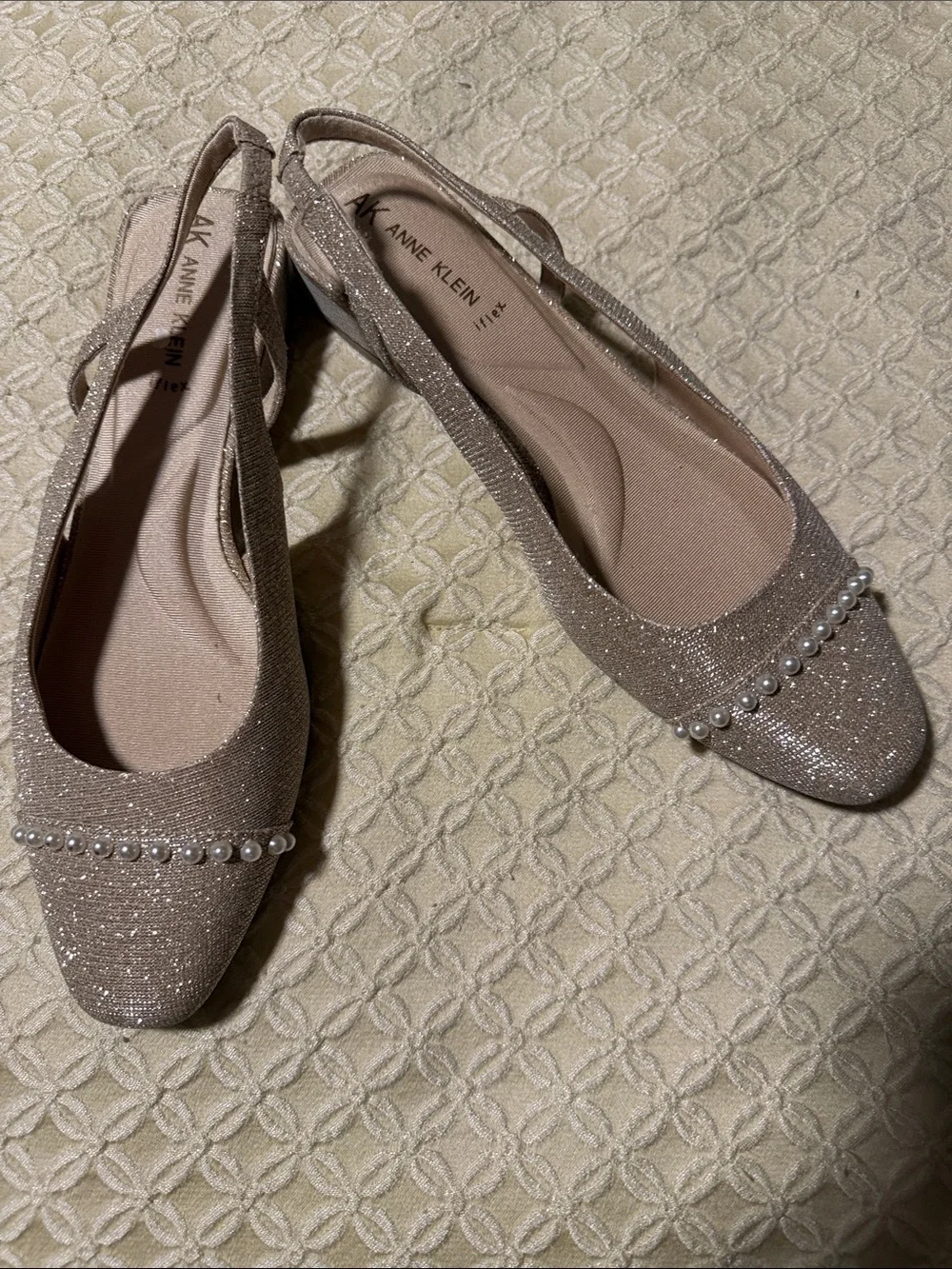 Anne Klein Champagne Glitter Slingback Flats with Pearl Trim